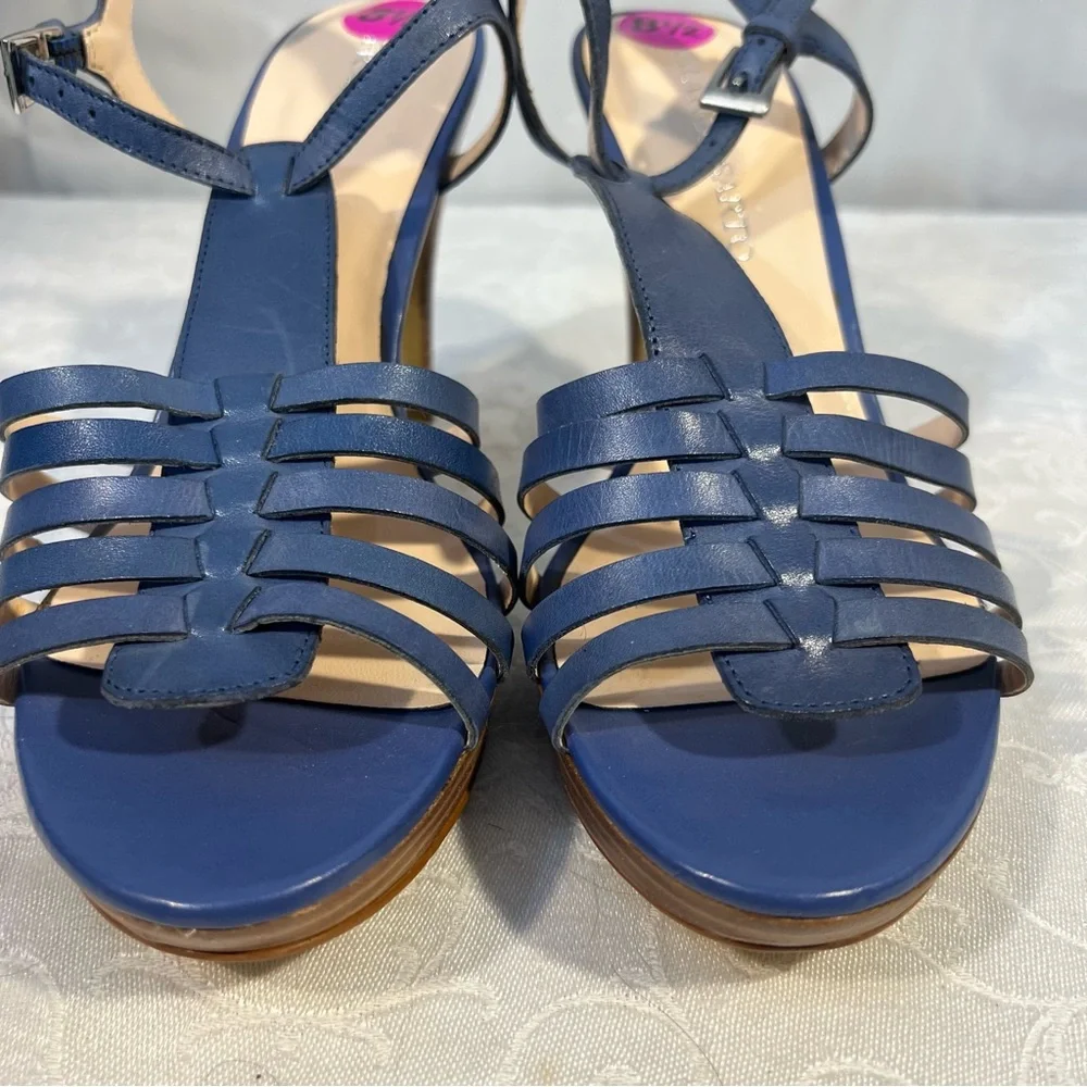 Franco Sarto Sandals Blue Leather Woven Strappy 4” Heels Buckle Closure 8.5👍